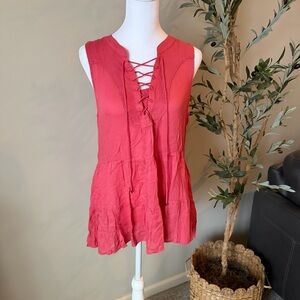 Anthropologie Floreat Sleeveless Lace-Up Tiered Tunic Top in Coral Red